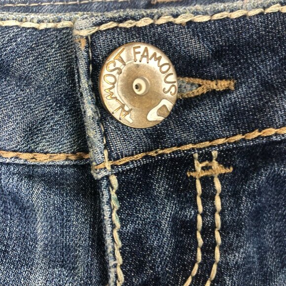 Almost Famous Denim Shorts Sz 1 Jrs Distressed Raw Hem Stretch Thick Stitches - Picture 4 of 10